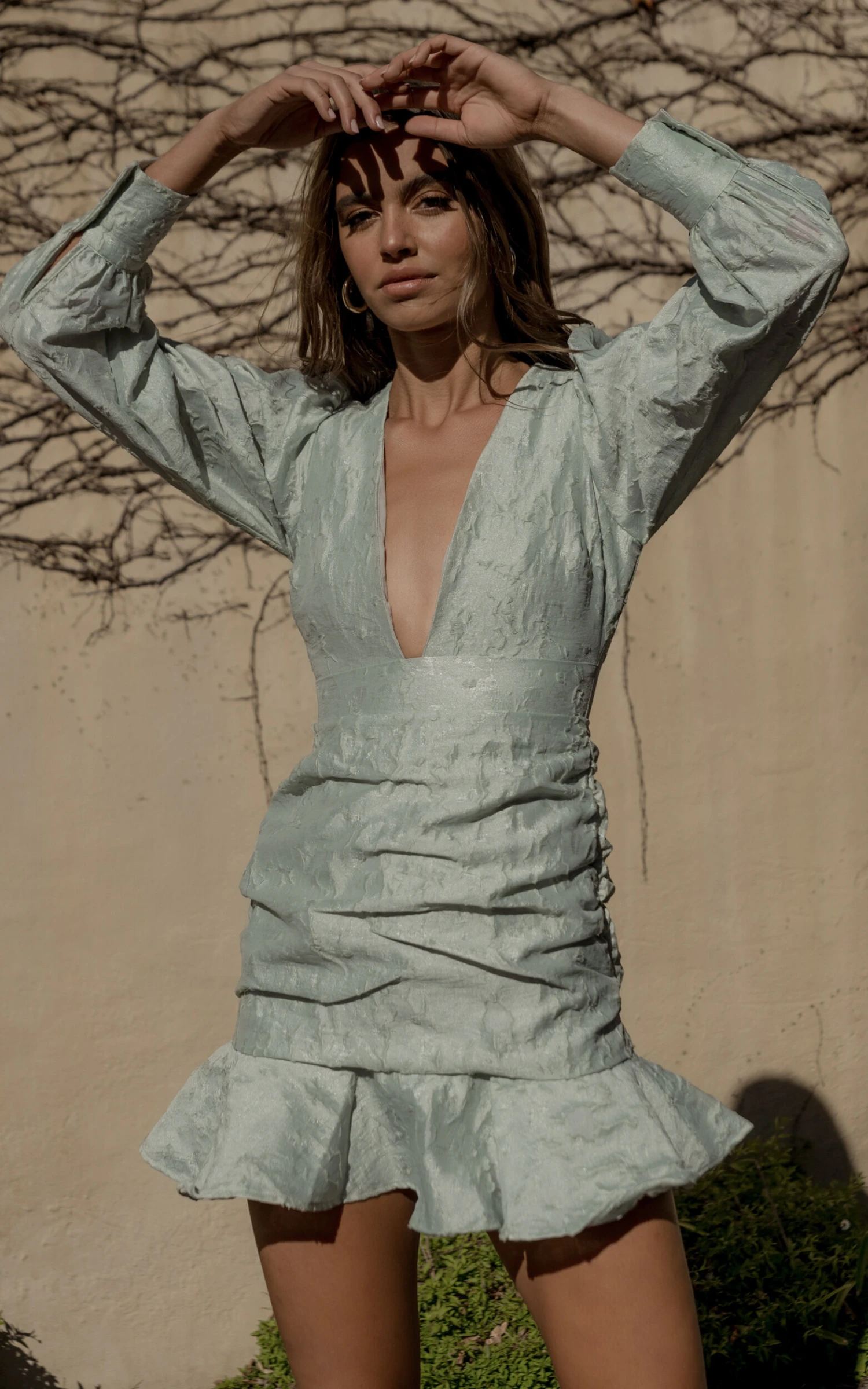 Showpo Baxia Textured Balloon Sleeve Mini Dress In Sage 3 Showpo Baxia Textured Balloon Sleeve Mini Dress In Sage - Image 3