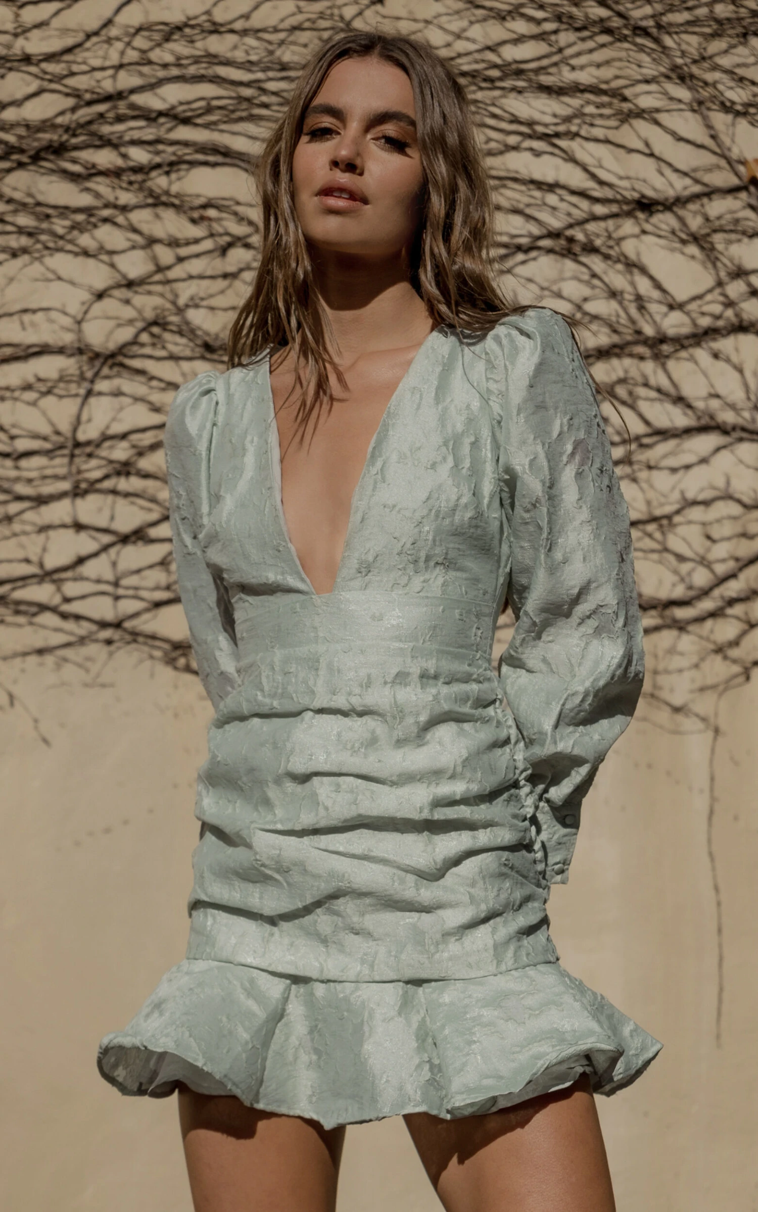 Showpo Baxia Textured Balloon Sleeve Mini Dress In Sage 4 Showpo Baxia Textured Balloon Sleeve Mini Dress In Sage - Image 4