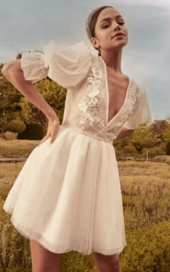 Showpo Akshia Mini Dress - Puff Sleeve Floral Detail Plunge Neck Dress In White