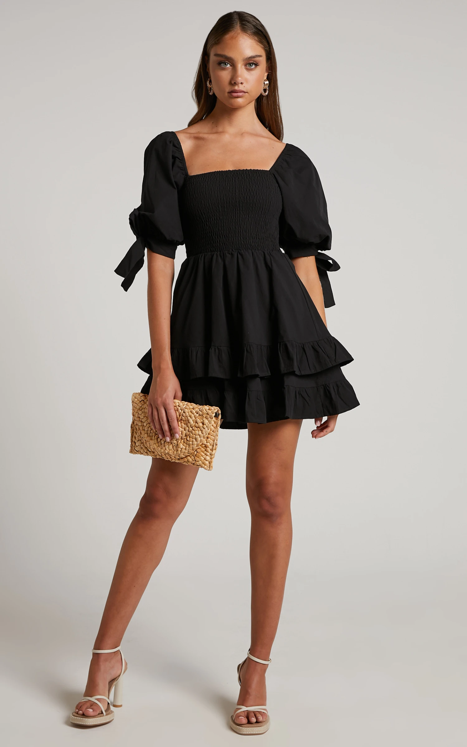 Showpo Chelle Shirred Short Tie Sleeve Mini Dress In Black 3 Showpo Chelle Shirred Short Tie Sleeve Mini Dress In Black - Image 3