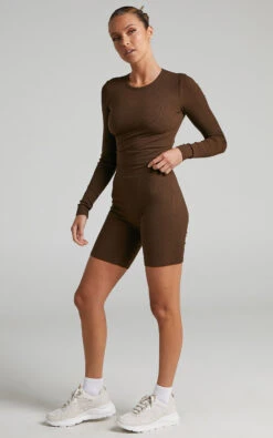 Showpo Chimmy Ribbed Long Sleeve Crop Top In Chocolate -Showpo Women's Clothing Store 2 Chimmy Ribbed Long Sleeve Crop Top in Chocolate 2528ST22010034022529 2