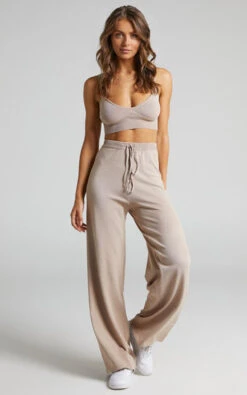 Showpo Chonnie Knit Bralette Top And Wide Leg Pants Two Piece Set In Mocha