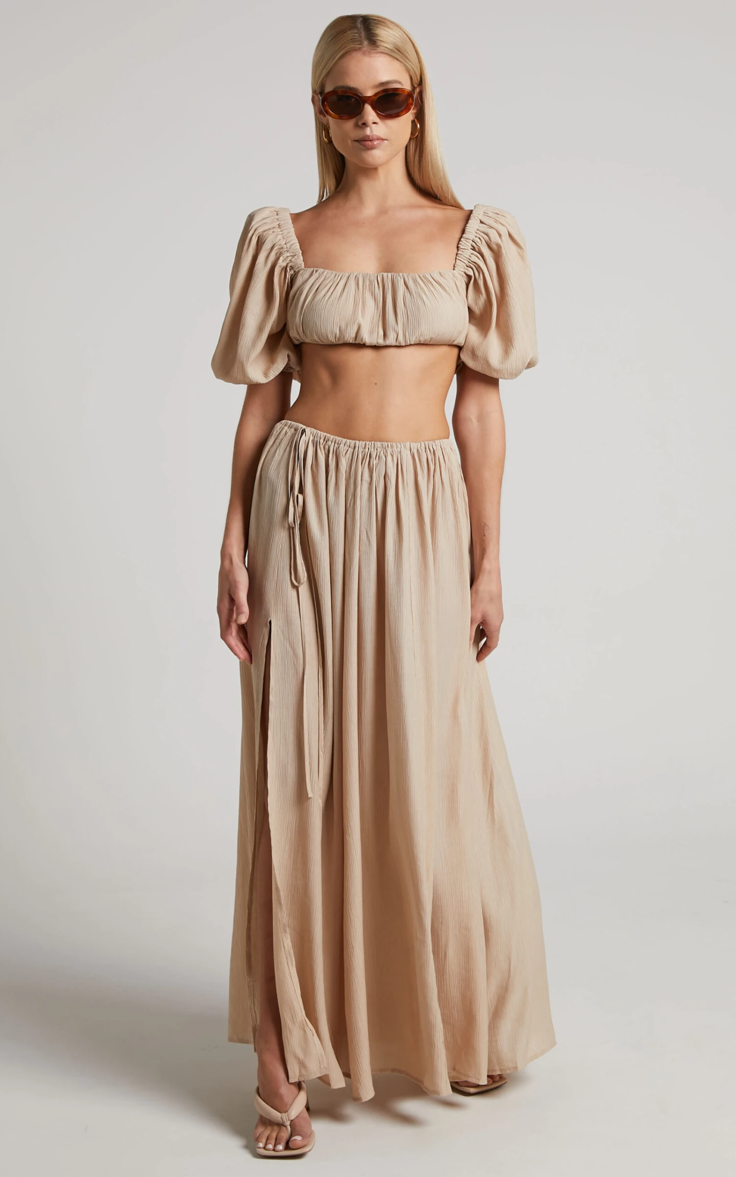 Showpo Dhalia Maxi Skirt - Gathered Split Skirt In Sand 3 Showpo Dhalia Maxi Skirt - Gathered Split Skirt In Sand - Image 3
