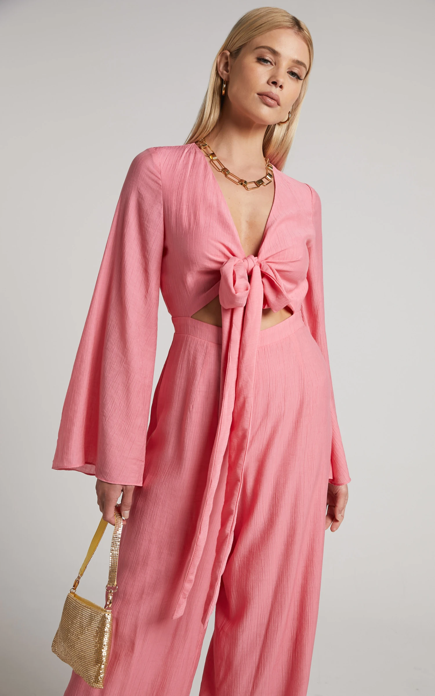 Showpo Dhalia Jumpsuit - Tie Front Long Sleeve Wide Leg Jumpsuit In Pink 3 Showpo Dhalia Jumpsuit - Tie Front Long Sleeve Wide Leg Jumpsuit In Pink - Image 3