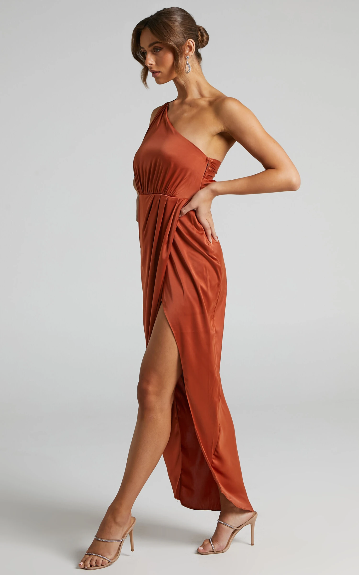 Showpo Genoise One Shoulder Draped Asymmetric Satin Maxi Dress In Pink Clay - Image 3
