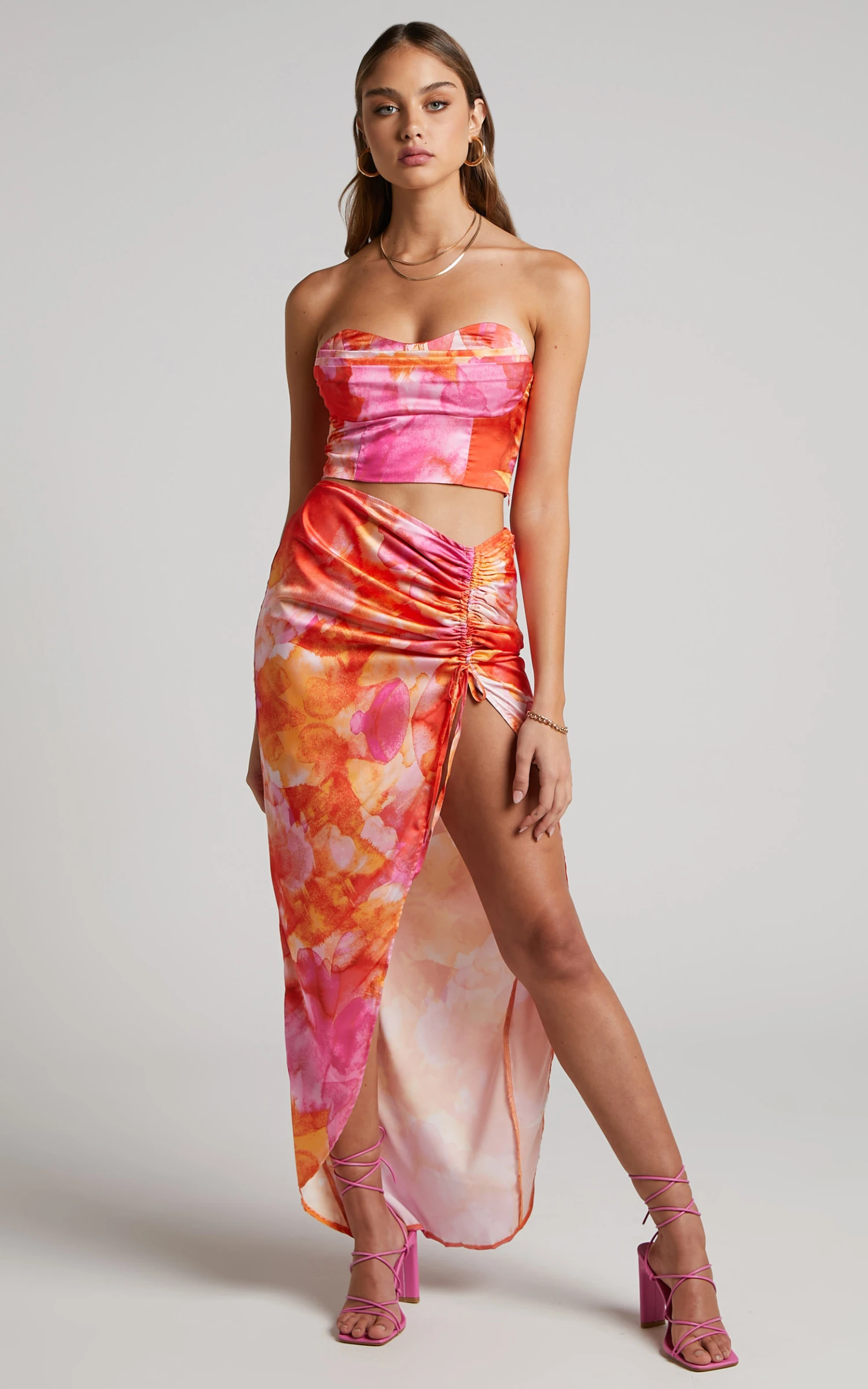 Showpo Kirarah Maxi Skirt - Ruched Front Split Skirt In Party Sunrise 3 Showpo Kirarah Maxi Skirt - Ruched Front Split Skirt In Party Sunrise - Image 3