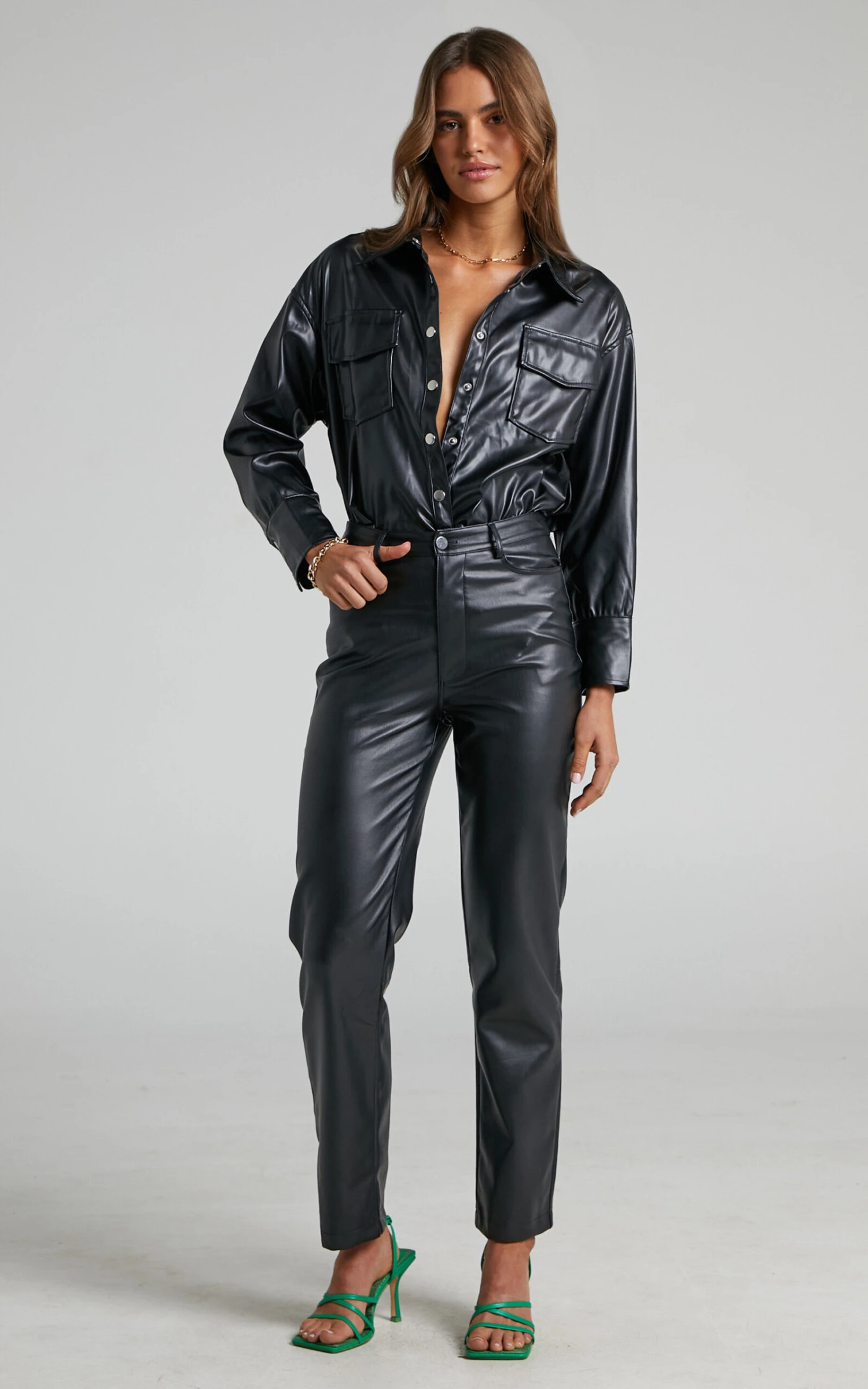 Showpo Selenia Button Front Faux Leather Shirt In Black 3 Showpo Selenia Button Front Faux Leather Shirt In Black - Image 3