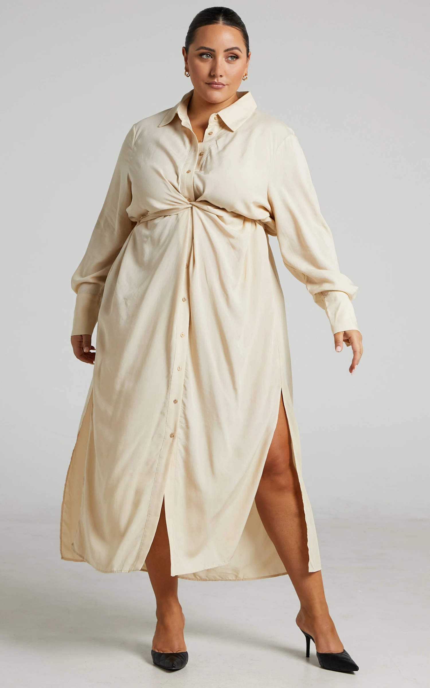 Showpo Trinidad Twist Front Button Through Maxi Dress In Sand 4 Showpo Trinidad Twist Front Button Through Maxi Dress In Sand - Image 4