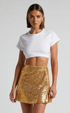 Showpo Elswyth Side Split Sequin Mini Skirt In Gold 11 Showpo Elswyth Side Split Sequin Mini Skirt In Gold -Showpo Women's Clothing Store 2 Elswyth Side Split Sequin Mini Skirt in Gold 7