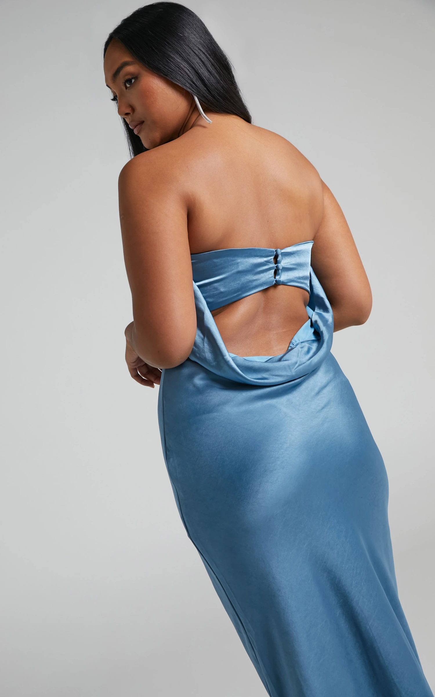Showpo Charlita Strapless Cowl Back Satin Maxi Dress In Steel Blue 11 Showpo Charlita Strapless Cowl Back Satin Maxi Dress In Steel Blue - Image 11