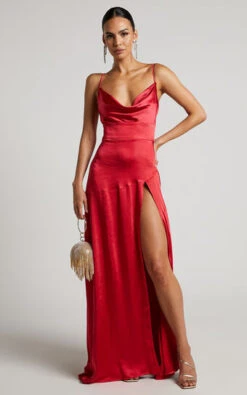 Showpo Cleopathra Maxi Dress - High Split Cowl Neck Dress In Red