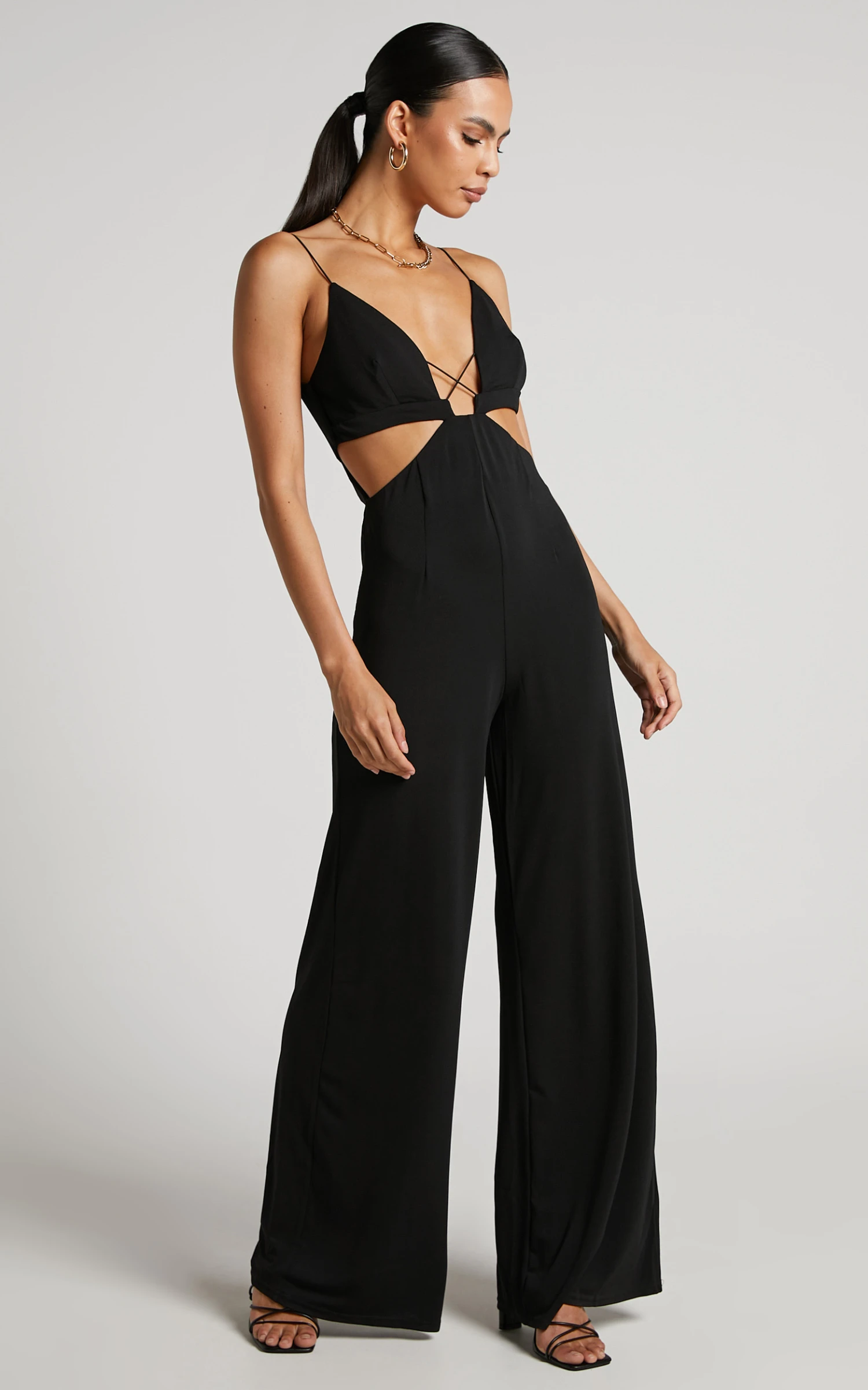 Showpo Benice Jumpsuit - Slender Strap Cut Out Wide Leg Jumpsuit In Black 4 Showpo Benice Jumpsuit - Slender Strap Cut Out Wide Leg Jumpsuit In Black - Image 4