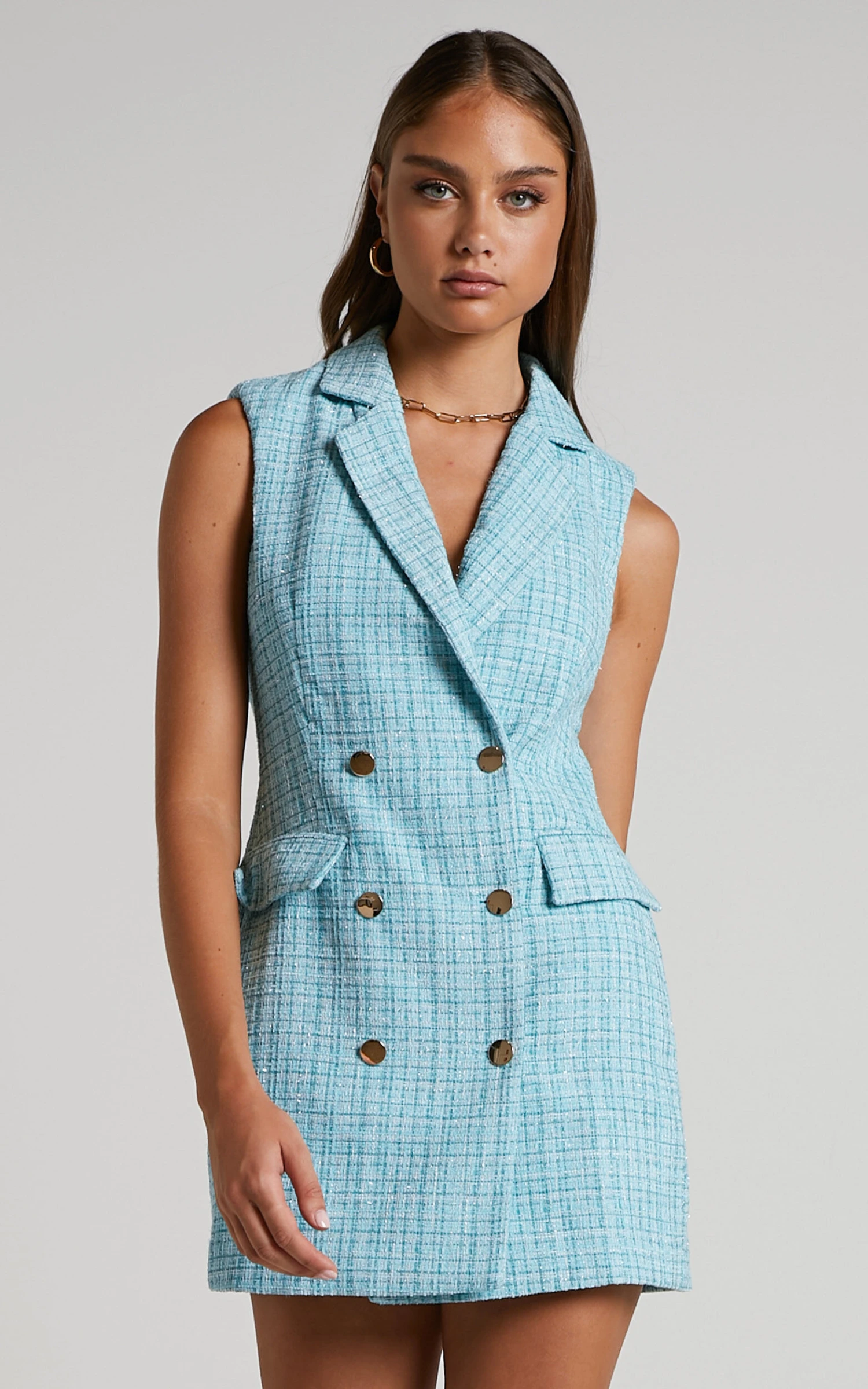 Showpo Sheba Blazer Dress - Tweed Sleeveless Mini Blazer Dress In Blue 4 Showpo Sheba Blazer Dress - Tweed Sleeveless Mini Blazer Dress In Blue - Image 4