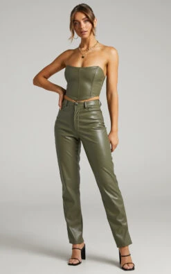 Showpo Dilyenne Mid Waist Straight Leg Faux Leather Pants In Olive -Showpo Women's Clothing Store 3.Dilyenne Pants in Olive Leatherette 2528SB20010022042529 2