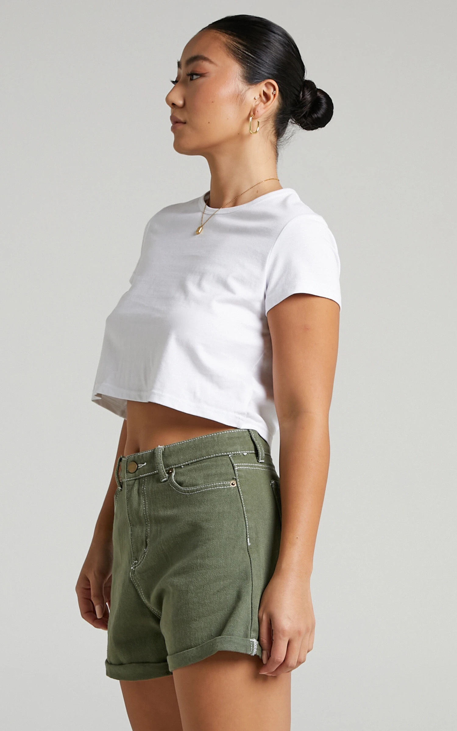 Showpo Hinkley Denim Shorts In Khaki 4 Showpo Hinkley Denim Shorts In Khaki - Image 4