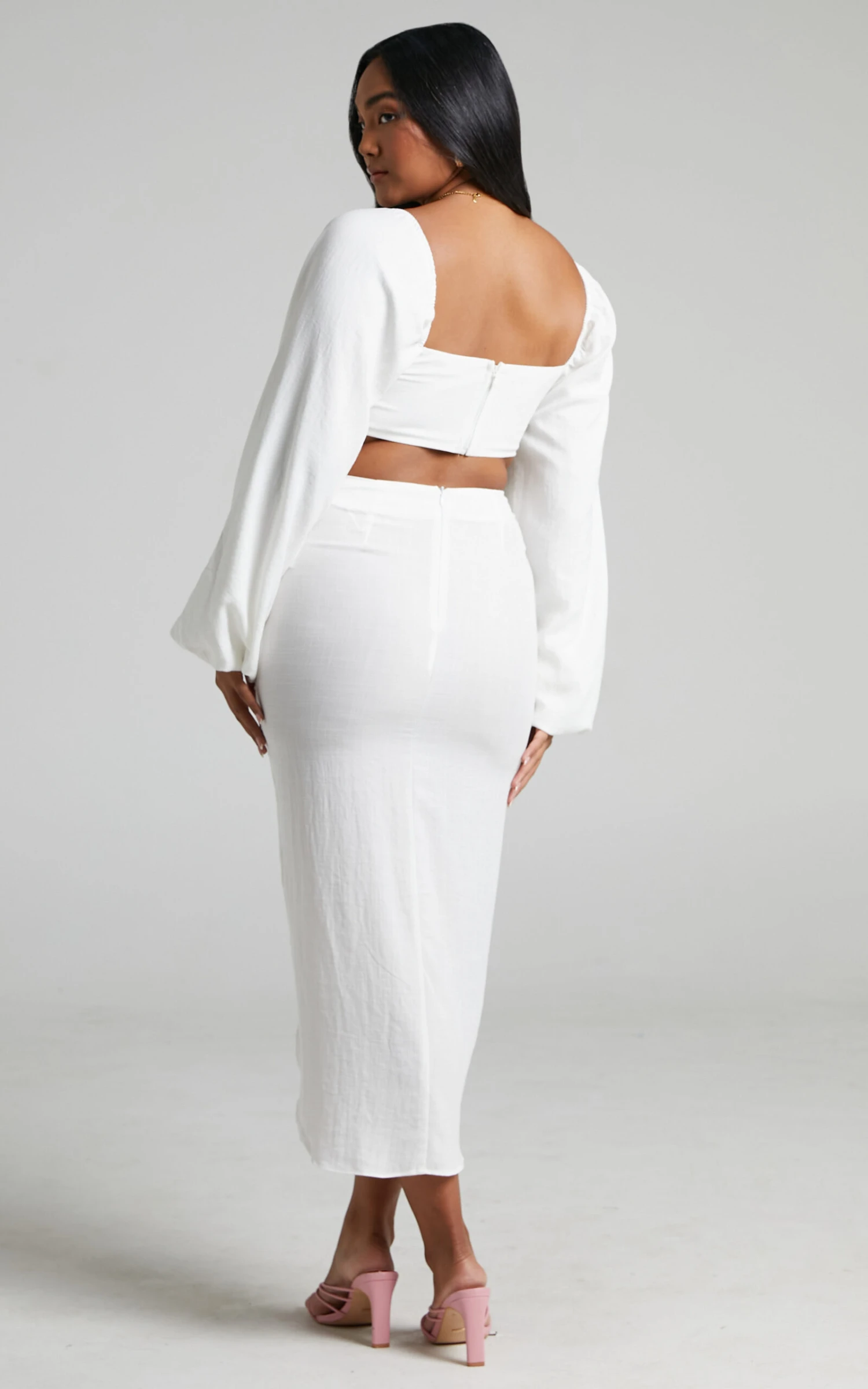 Showpo Shamir Balloon Sleeve Crop Top And Ruched Split Midi Skirt In White 7 Showpo Shamir Balloon Sleeve Crop Top And Ruched Split Midi Skirt In White - Image 7