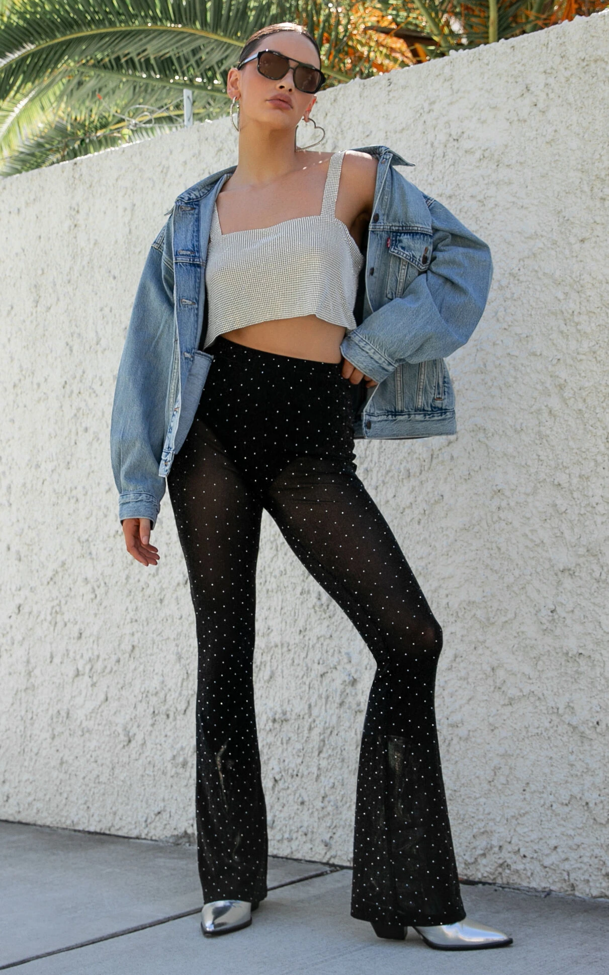 Showpo Khaimy - High Waisted Glitter Mesh Flare Pant In Black And Silver 3 Showpo Khaimy - High Waisted Glitter Mesh Flare Pant In Black And Silver - Image 3