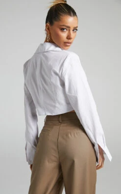 Showpo Clemence Twist Front Cropped Shirt In White -Showpo Women's Clothing Store 3 Clemence Twist Front Cropped Shirt in White 2528ST22070035012529 5