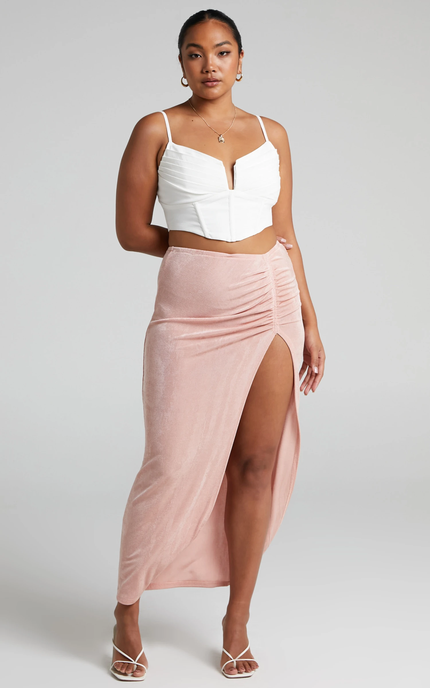 Showpo Delicea Ruched High Split Slinky Maxi Skirt In Pink 4 Showpo Delicea Ruched High Split Slinky Maxi Skirt In Pink - Image 4