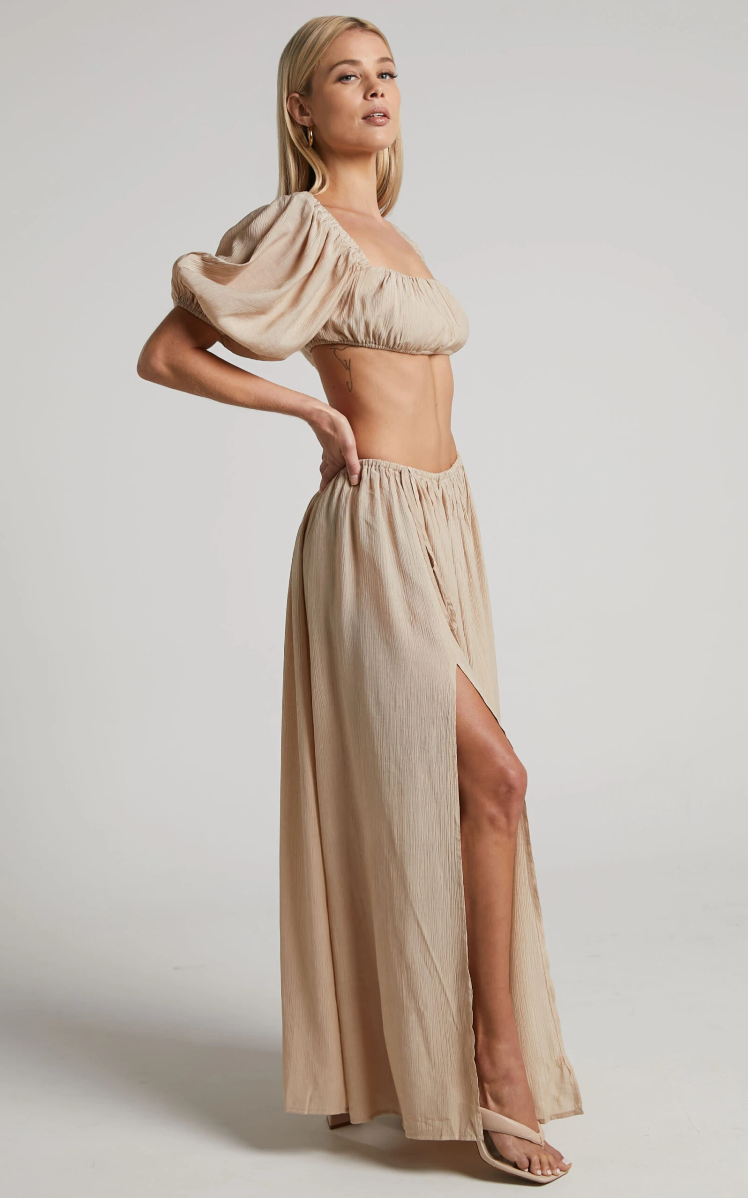 Showpo Dhalia Maxi Skirt - Gathered Split Skirt In Sand 4 Showpo Dhalia Maxi Skirt - Gathered Split Skirt In Sand - Image 4