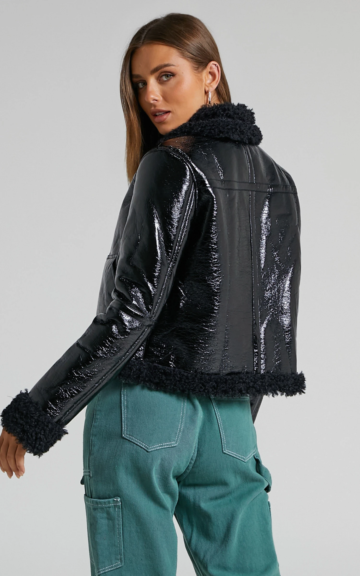 Showpo Kobe Patent Faux Leather Shearling Jacket In Black - Image 5