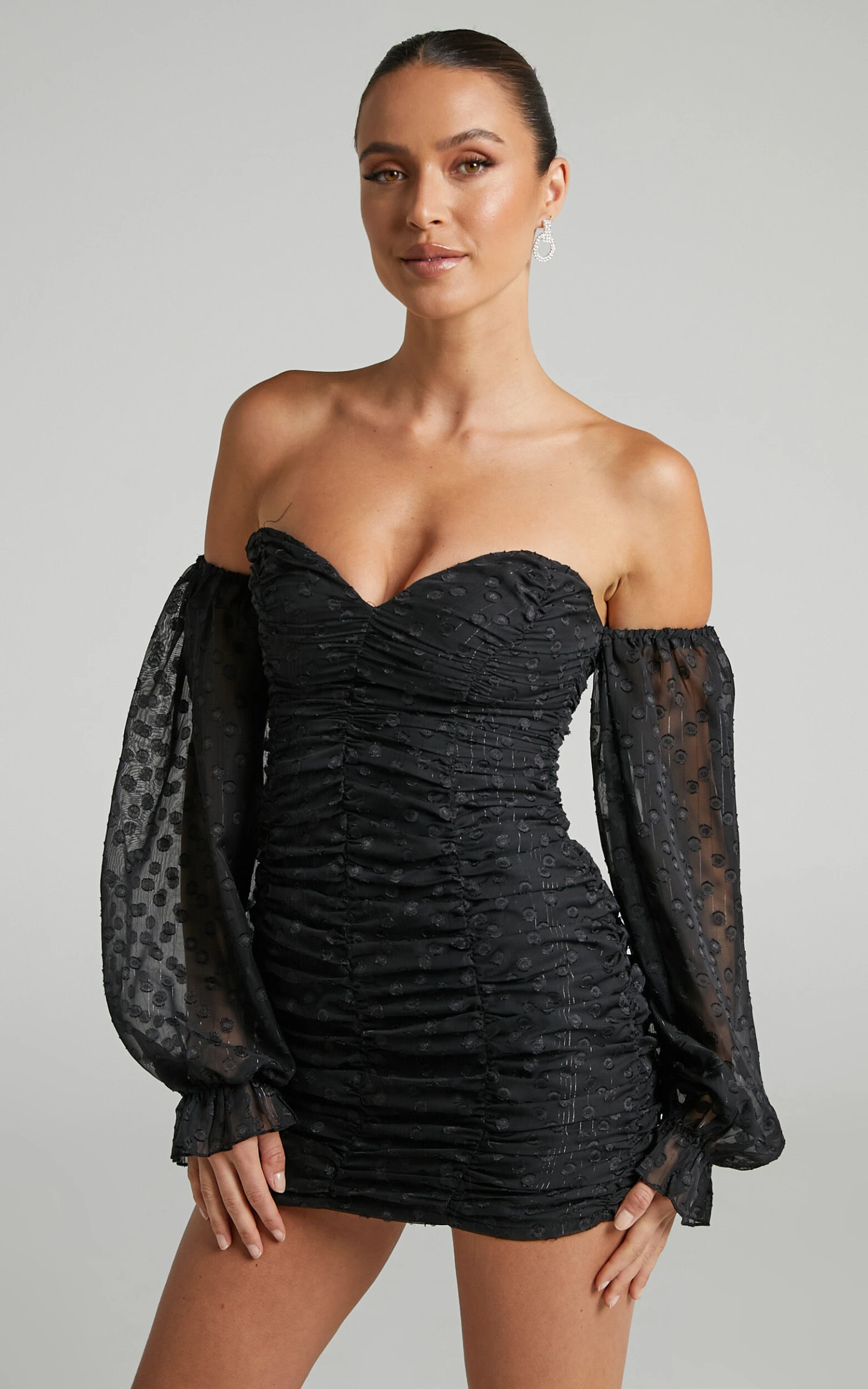 Showpo Leonne Ruched Off Shoulder Balloon Sleeve Mini Dress In Black 4 Showpo Leonne Ruched Off Shoulder Balloon Sleeve Mini Dress In Black - Image 4