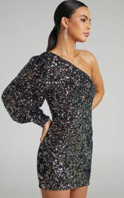 Showpo Luecia Asymmetric One Shoulder Puff Sleeve Mini Dress In Multi Sequin -Showpo Women's Clothing Store 3 Luecia Asym Mini dress DRESS in Multi sequin 2528SD22050034012529 2