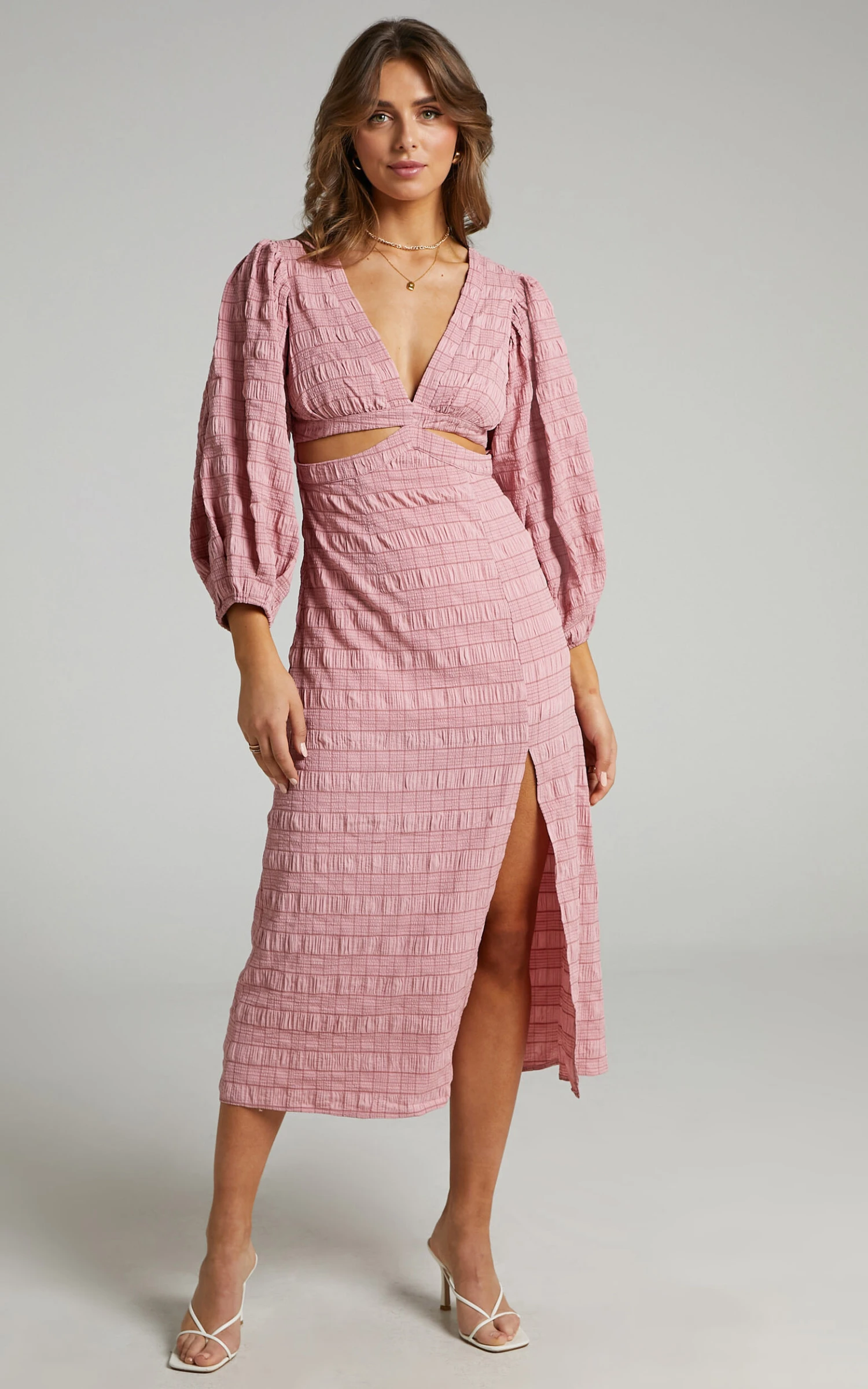 Showpo Tabatha Puff Sleeve Cut Out Midi Dress In Pink Check 4 Showpo Tabatha Puff Sleeve Cut Out Midi Dress In Pink Check - Image 4