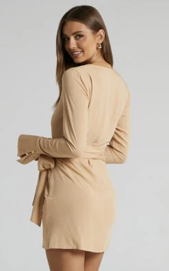 Showpo Aelwyd Long Sleeve Wrap Mini Dress In Sand 12 Showpo Aelwyd Long Sleeve Wrap Mini Dress In Sand -Showpo Women's Clothing Store 4.Aelwyd LS Wrap Mini Dress in Sand 2528SD22030015022529 3