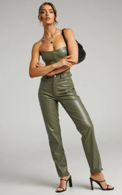Showpo Dilyenne Mid Waist Straight Leg Faux Leather Pants In Olive -Showpo Women's Clothing Store 4.Dilyenne Pants in Olive Leatherette 2528SB20010022042529 8