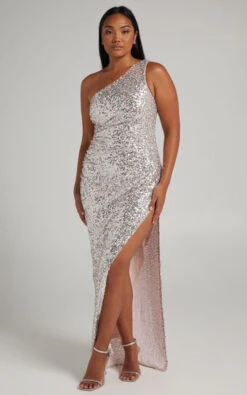 Showpo Jowellen High Split One Shoulder Maxi Dress In Multi Sequin