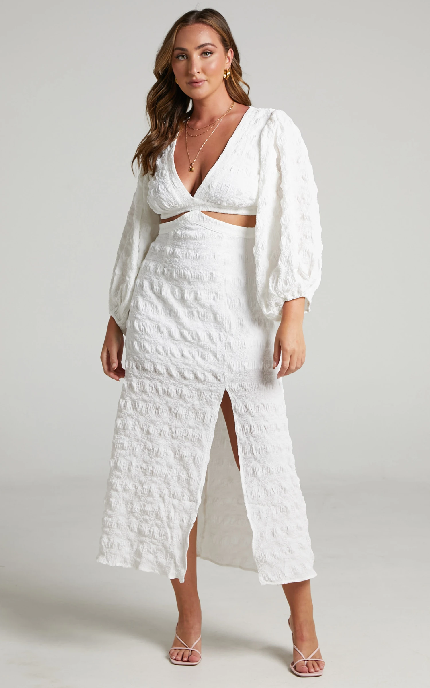 Showpo Tabatha Puff Sleeve Cut Out Midi Dress In White Check 5 Showpo Tabatha Puff Sleeve Cut Out Midi Dress In White Check - Image 5