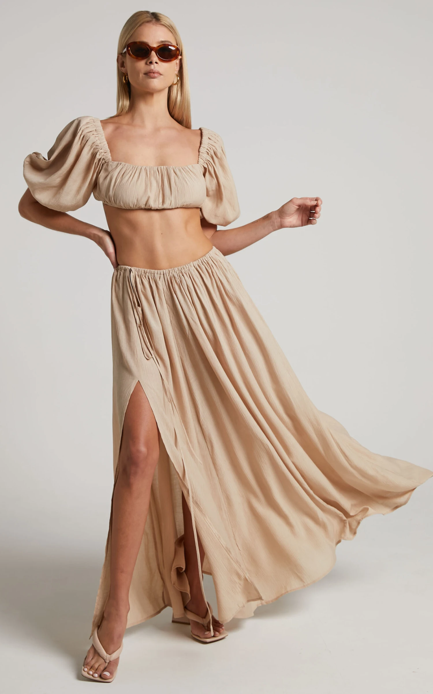 Showpo Dhalia Maxi Skirt - Gathered Split Skirt In Sand 5 Showpo Dhalia Maxi Skirt - Gathered Split Skirt In Sand - Image 5