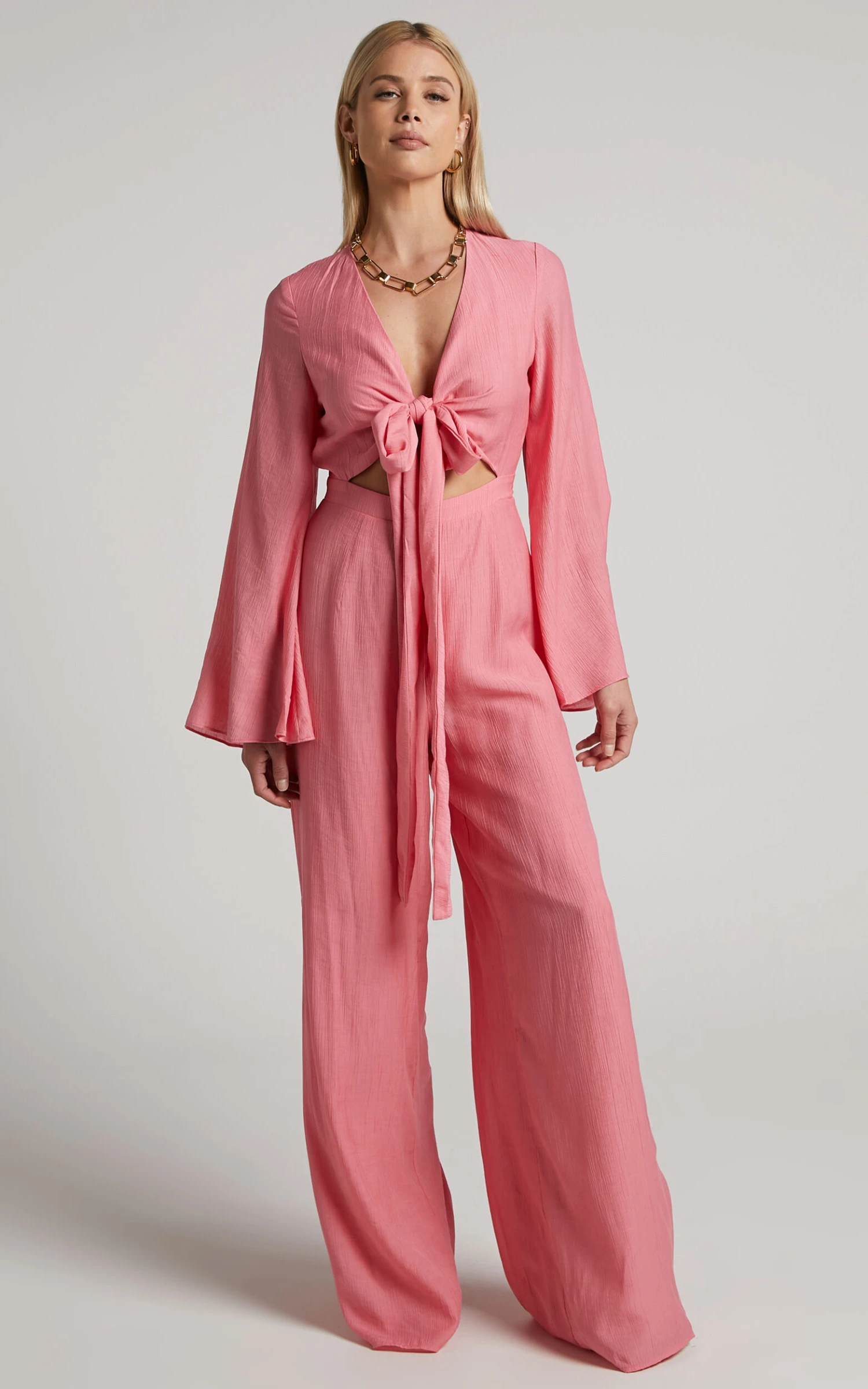 Showpo Dhalia Jumpsuit - Tie Front Long Sleeve Wide Leg Jumpsuit In Pink 5 Showpo Dhalia Jumpsuit - Tie Front Long Sleeve Wide Leg Jumpsuit In Pink - Image 5