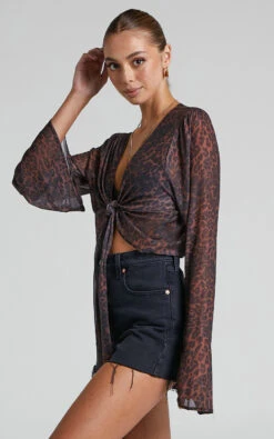 Showpo Kerensa Sheer Tie Front Bell Sleeve Top In Winter Wild -Showpo Women's Clothing Store 4 Kerensa Sheer Tie Front Bell Sleeve Top in Winter Wild 2528ST22030010012529 3
