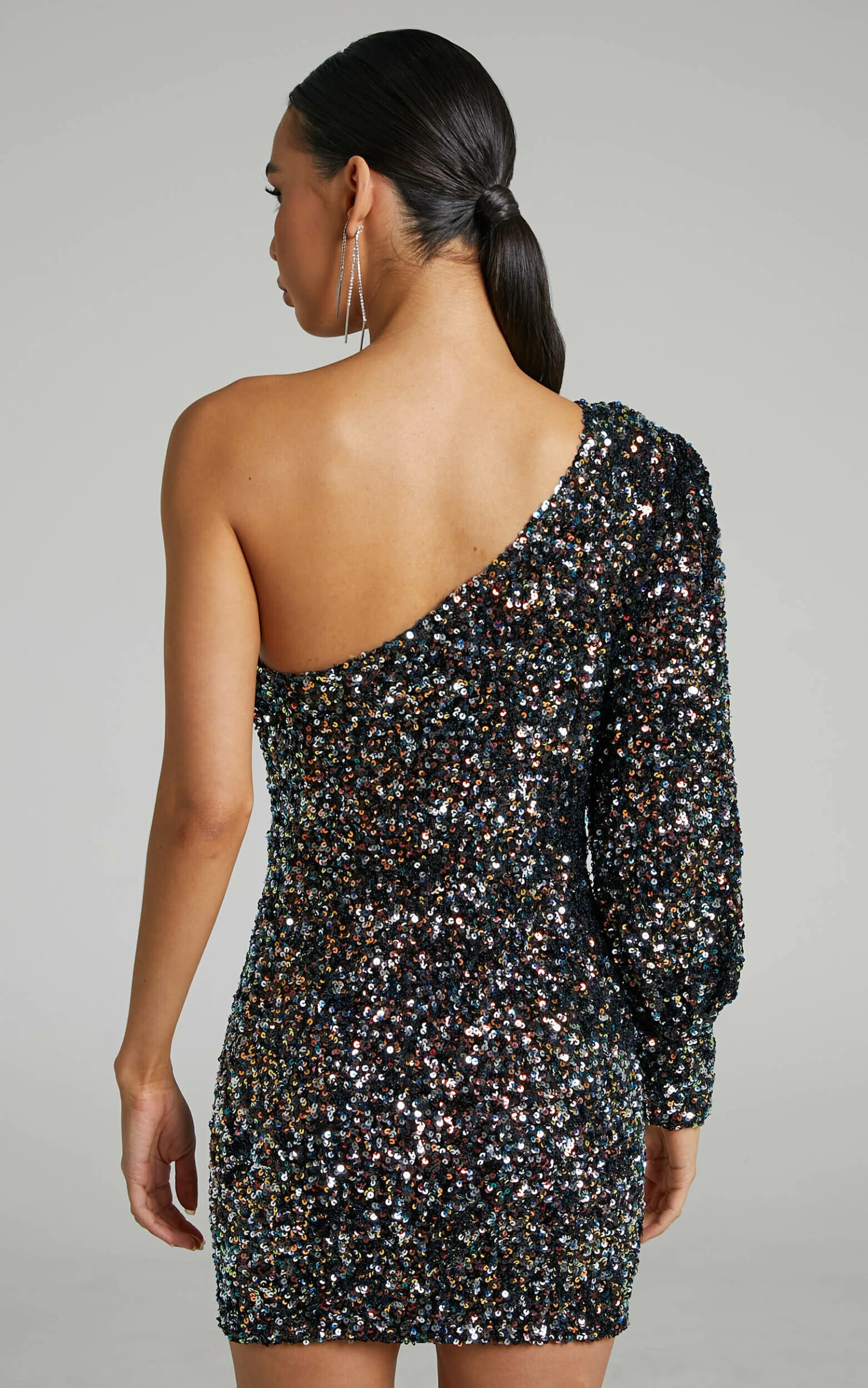 Showpo Luecia Asymmetric One Shoulder Puff Sleeve Mini Dress In Multi Sequin - Image 5