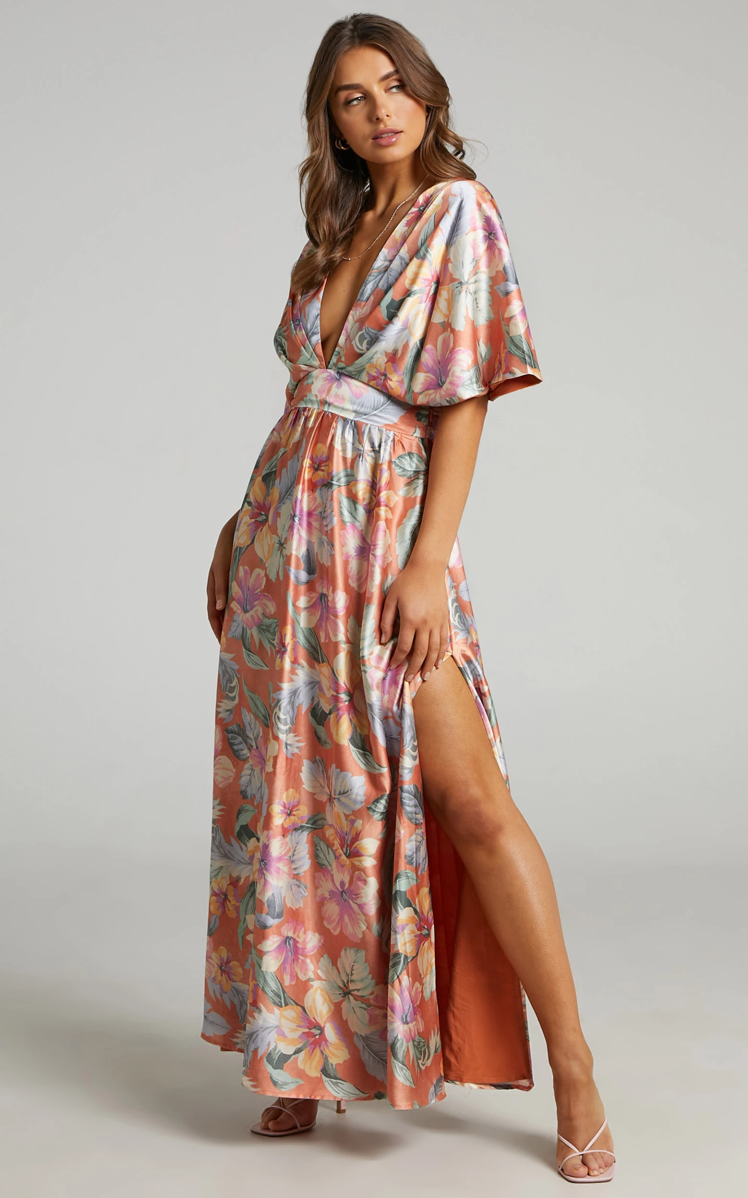 Showpo Sophia Plunge Neck Bat Wing Sleeve Maxi Dress In Multi Floral 5 Showpo Sophia Plunge Neck Bat Wing Sleeve Maxi Dress In Multi Floral - Image 5