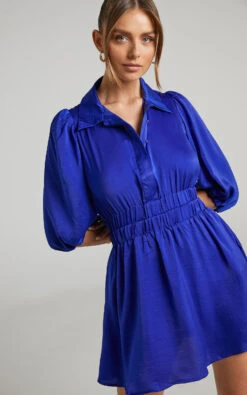 Showpo Raicy Collared Shirred Waist Mini Dress In Blue -Showpo Women's Clothing Store 4 Raicy Shirred Waist Mini Dress with Collar in Blue 2528SD22020074032529 7