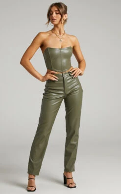 Showpo Dilyenne Mid Waist Straight Leg Faux Leather Pants In Olive -Showpo Women's Clothing Store 5.Dilyenne Pants in Olive Leatherette 2528SB20010022042529 3