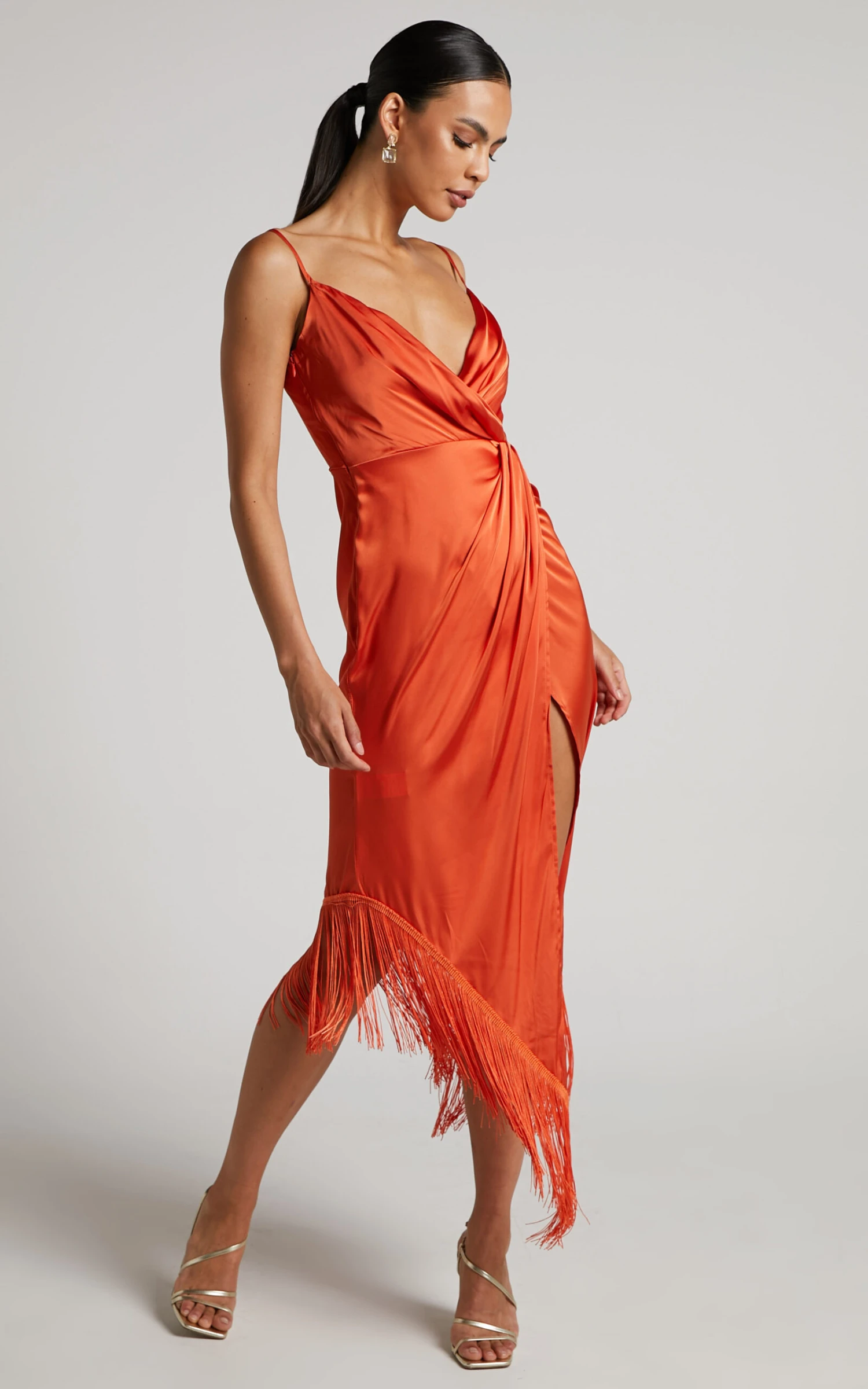 Showpo Rholie Plunge Neck Fringe Hem Fixed Wrap Midi Dress In Burnt Orange - Image 5