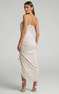 Showpo Lieselotte Midi Dress - Ruched Front Split Cowl Neck Satin Dress In Oyster -Showpo Women's Clothing Store 5 DEV Ruched Front Maxi Dress in Oyster 2528SD22050147072529 4
