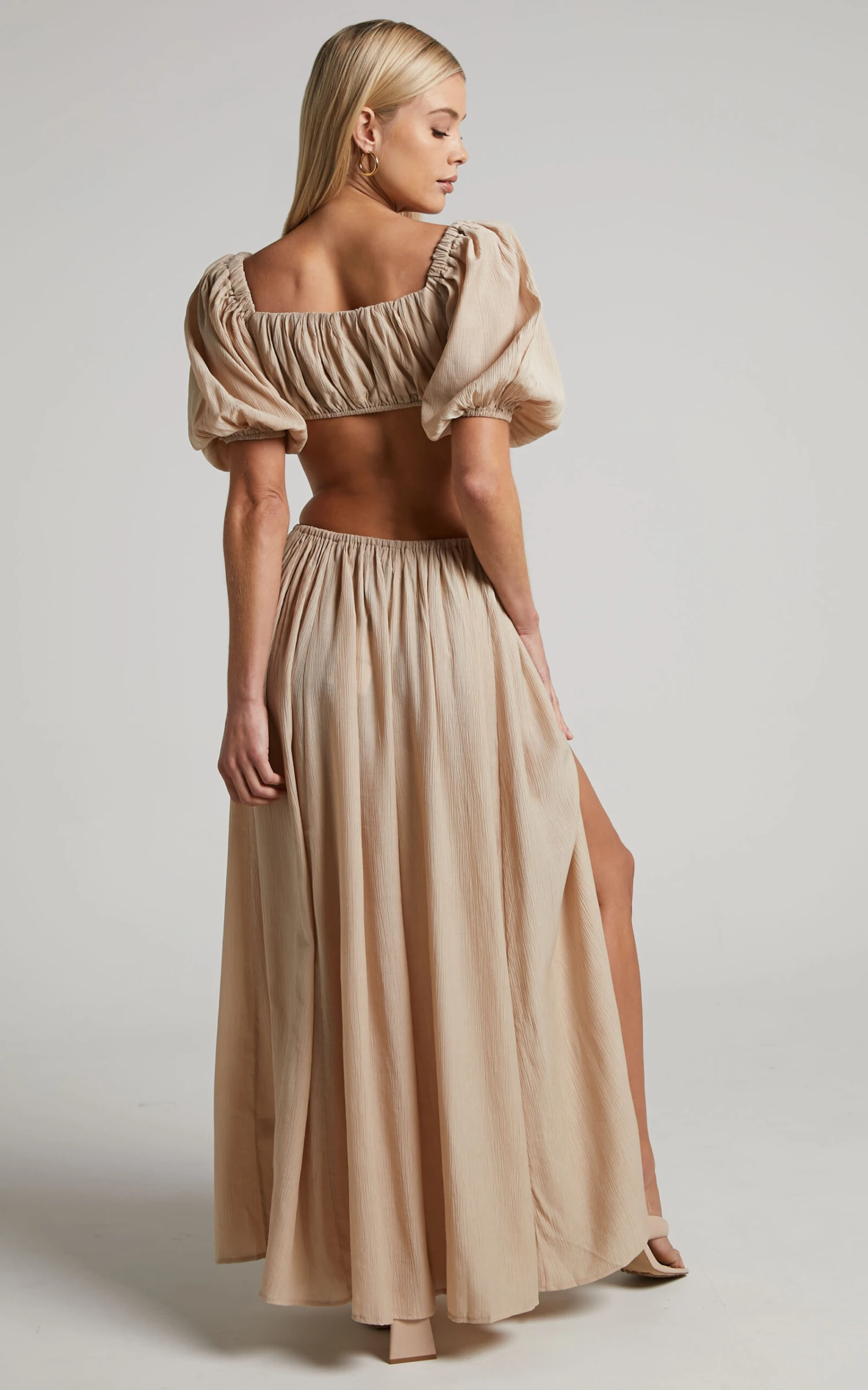 Showpo Dhalia Maxi Skirt - Gathered Split Skirt In Sand 6 Showpo Dhalia Maxi Skirt - Gathered Split Skirt In Sand - Image 6