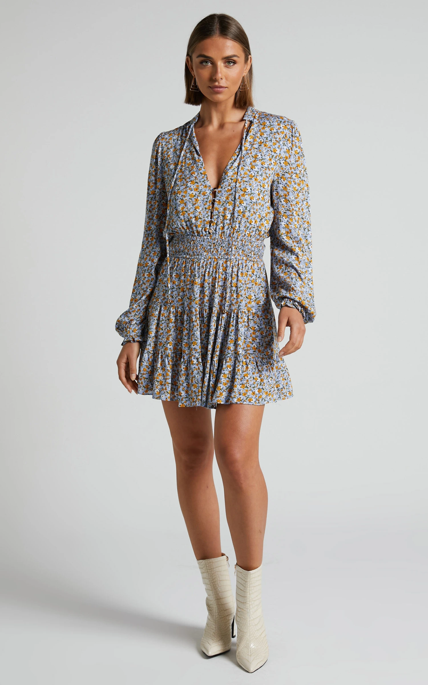 Showpo Luisella Long Sleeve Shirred Waist Mini Dress In Blue Ditsy Floral 6 Showpo Luisella Long Sleeve Shirred Waist Mini Dress In Blue Ditsy Floral - Image 6