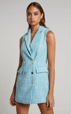 Showpo Sheba Blazer Dress - Tweed Sleeveless Mini Blazer Dress In Blue 15 Showpo Sheba Blazer Dress - Tweed Sleeveless Mini Blazer Dress In Blue -Showpo Women's Clothing Store 6 Sheba Double Breasted Sleeveless Blazer Mini Dress in Teal 116