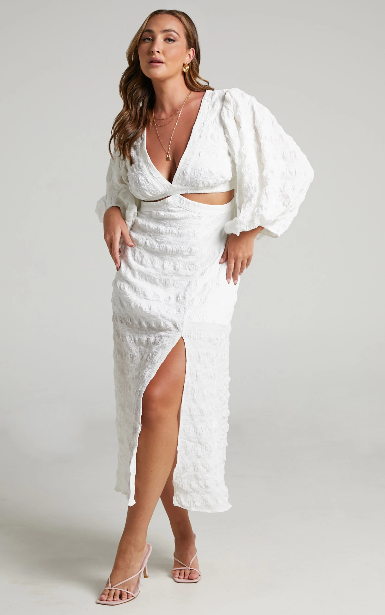 Showpo Tabatha Puff Sleeve Cut Out Midi Dress In White Check 7 Showpo Tabatha Puff Sleeve Cut Out Midi Dress In White Check - Image 7