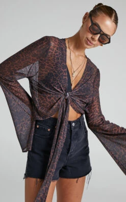 Showpo Kerensa Sheer Tie Front Bell Sleeve Top In Winter Wild -Showpo Women's Clothing Store 6 Kerensa Sheer Tie Front Bell Sleeve Top in Winter Wild 2528ST22030010012529 6