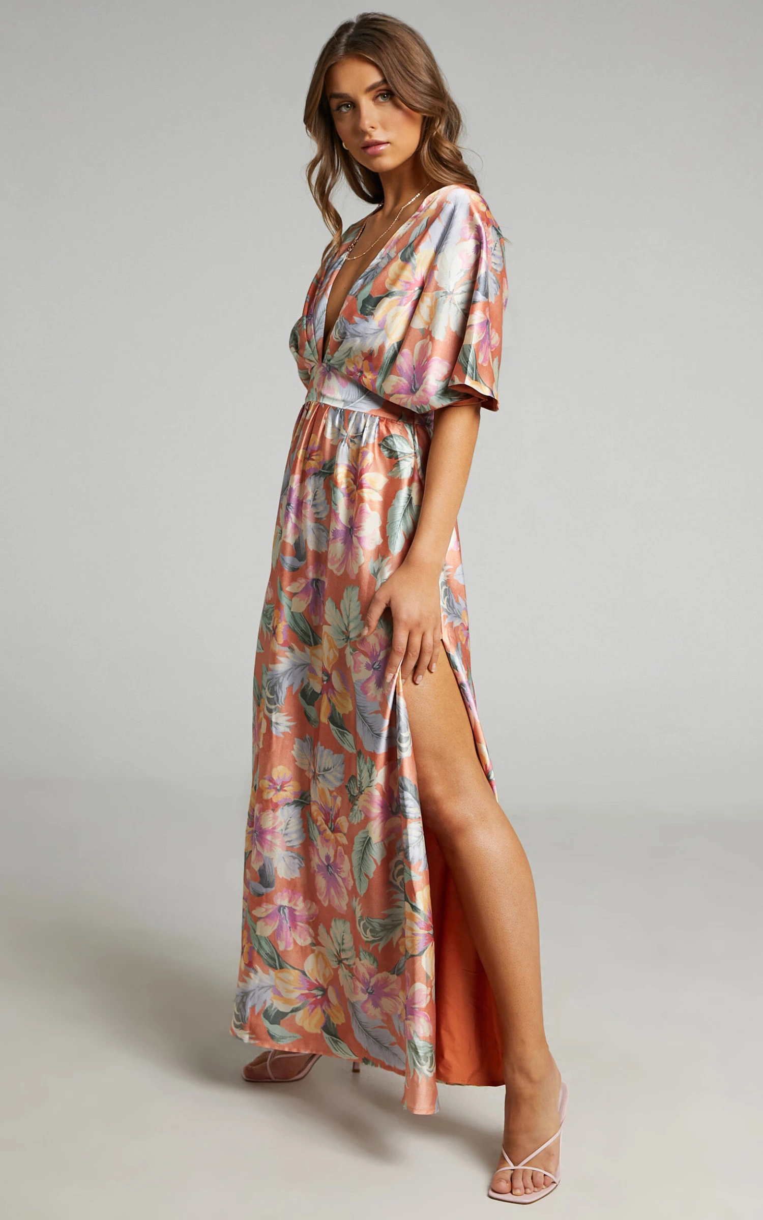 Showpo Sophia Plunge Neck Bat Wing Sleeve Maxi Dress In Multi Floral 7 Showpo Sophia Plunge Neck Bat Wing Sleeve Maxi Dress In Multi Floral - Image 7