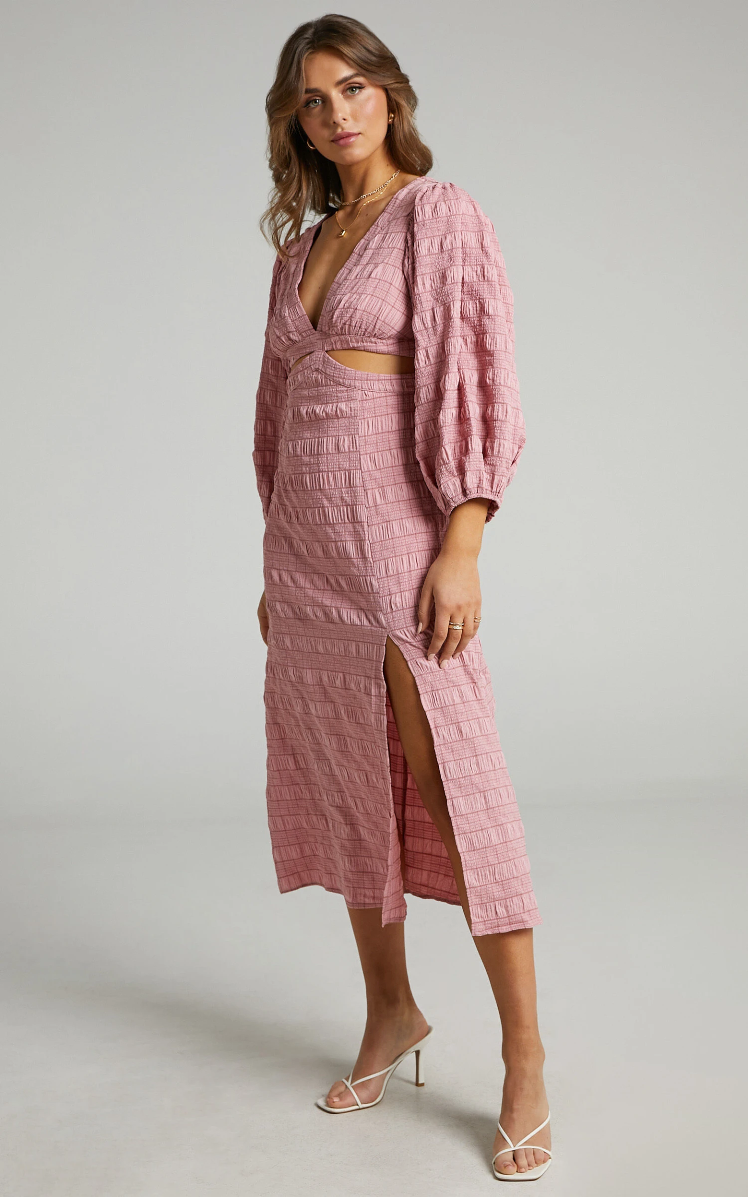 Showpo Tabatha Puff Sleeve Cut Out Midi Dress In Pink Check 7 Showpo Tabatha Puff Sleeve Cut Out Midi Dress In Pink Check - Image 7