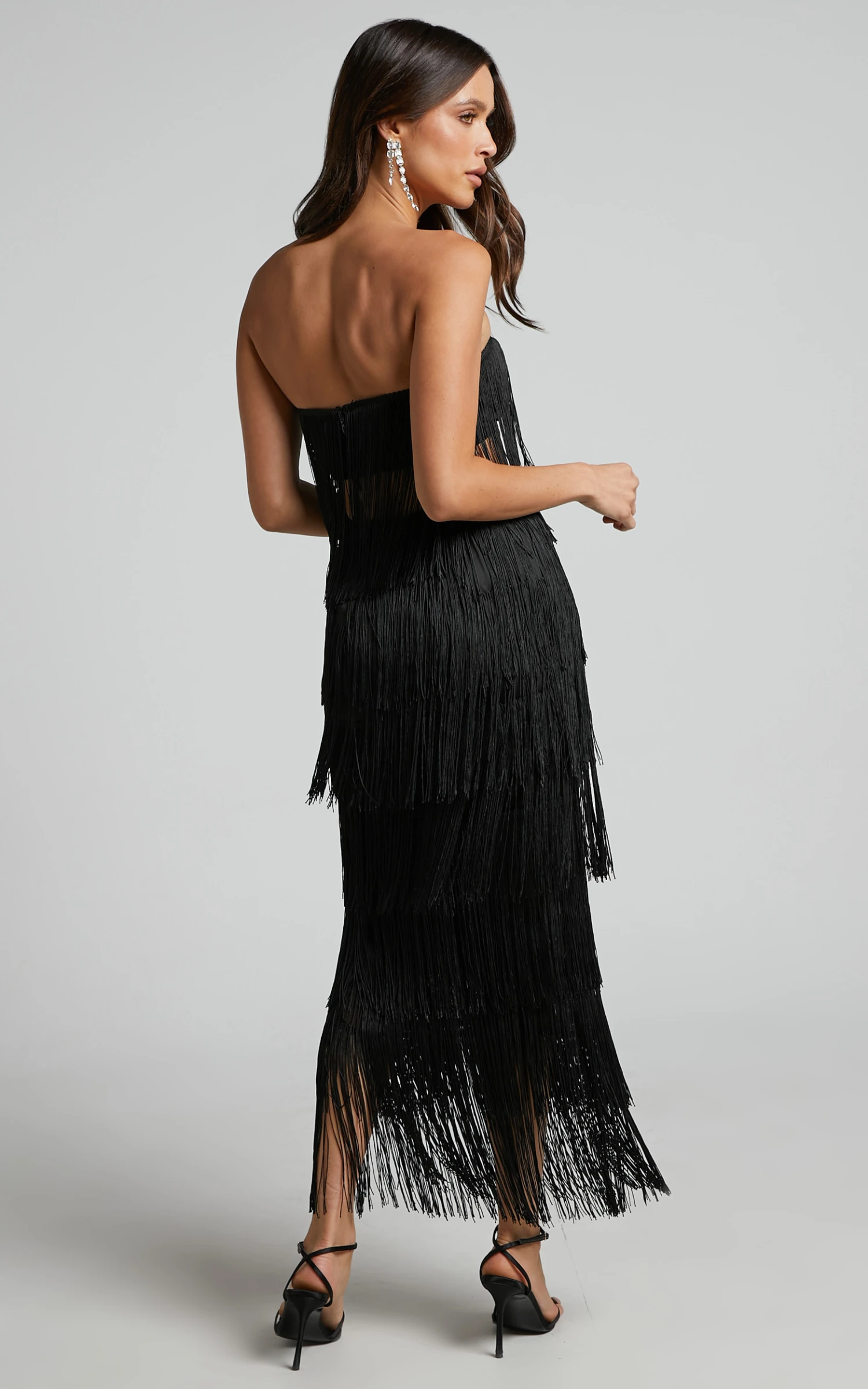 Showpo Amalee Fringe Strapless Crop Top And Midi Skirt Two Piece Set In Black 7 Showpo Amalee Fringe Strapless Crop Top And Midi Skirt Two Piece Set In Black - Image 7