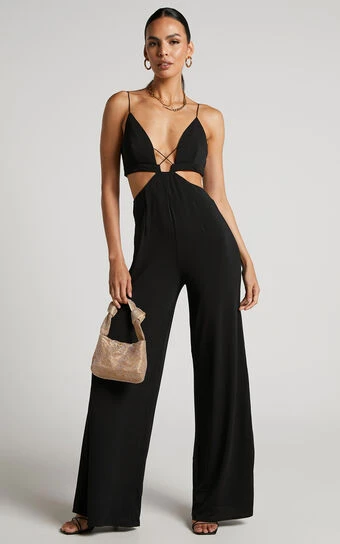 Showpo Benice Jumpsuit - Slender Strap Cut Out Wide Leg Jumpsuit In Black 1 Showpo Benice Jumpsuit - Slender Strap Cut Out Wide Leg Jumpsuit In Black
